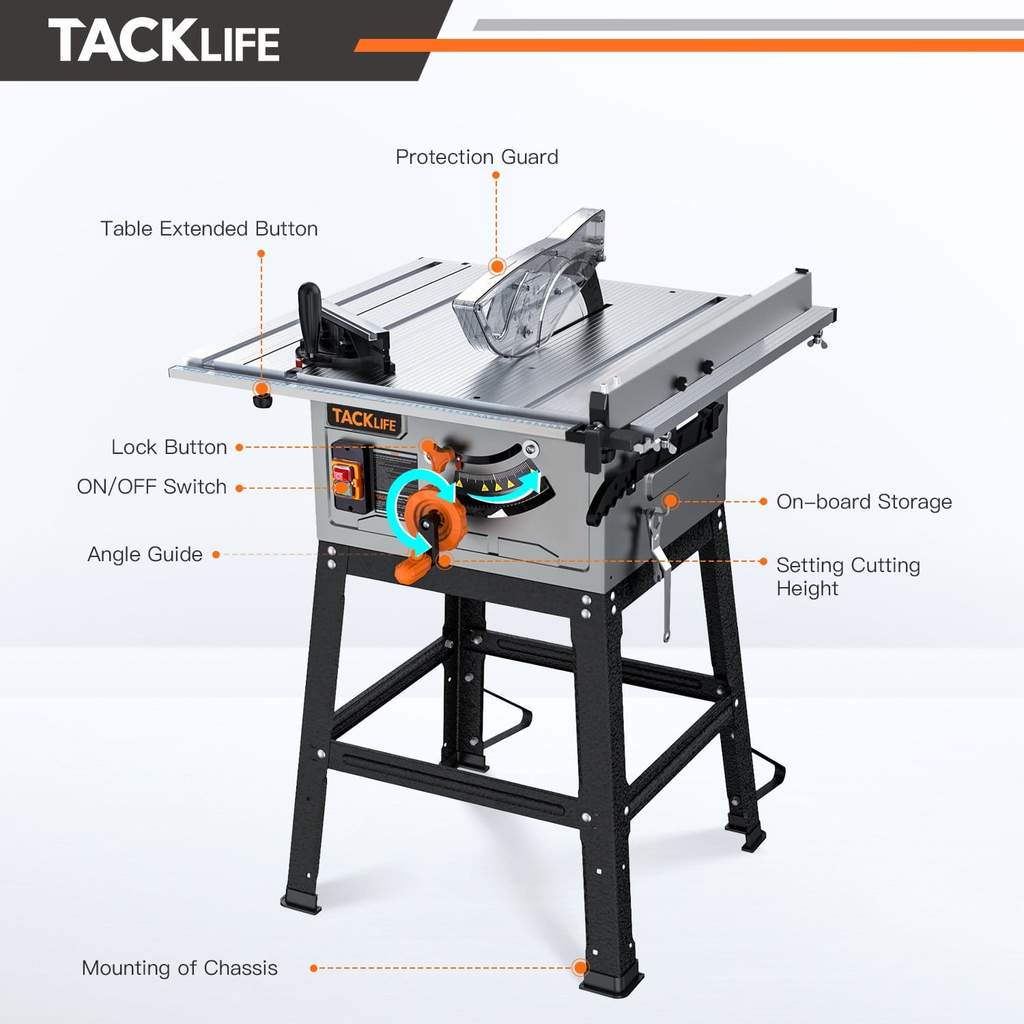 2026 TACKLIFE 10-Zoll-Tischkreissäge, 15-Ampere-Motor, 24-Zahn-Blatt, 4800 U/min, 45°-Gehrungsschnitt, Modell MTS01A
