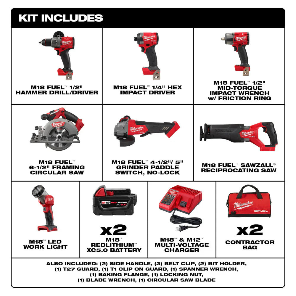 2025 Milwaukee 3697-27 Set Completo M18 Fuel con 7 Herramientas