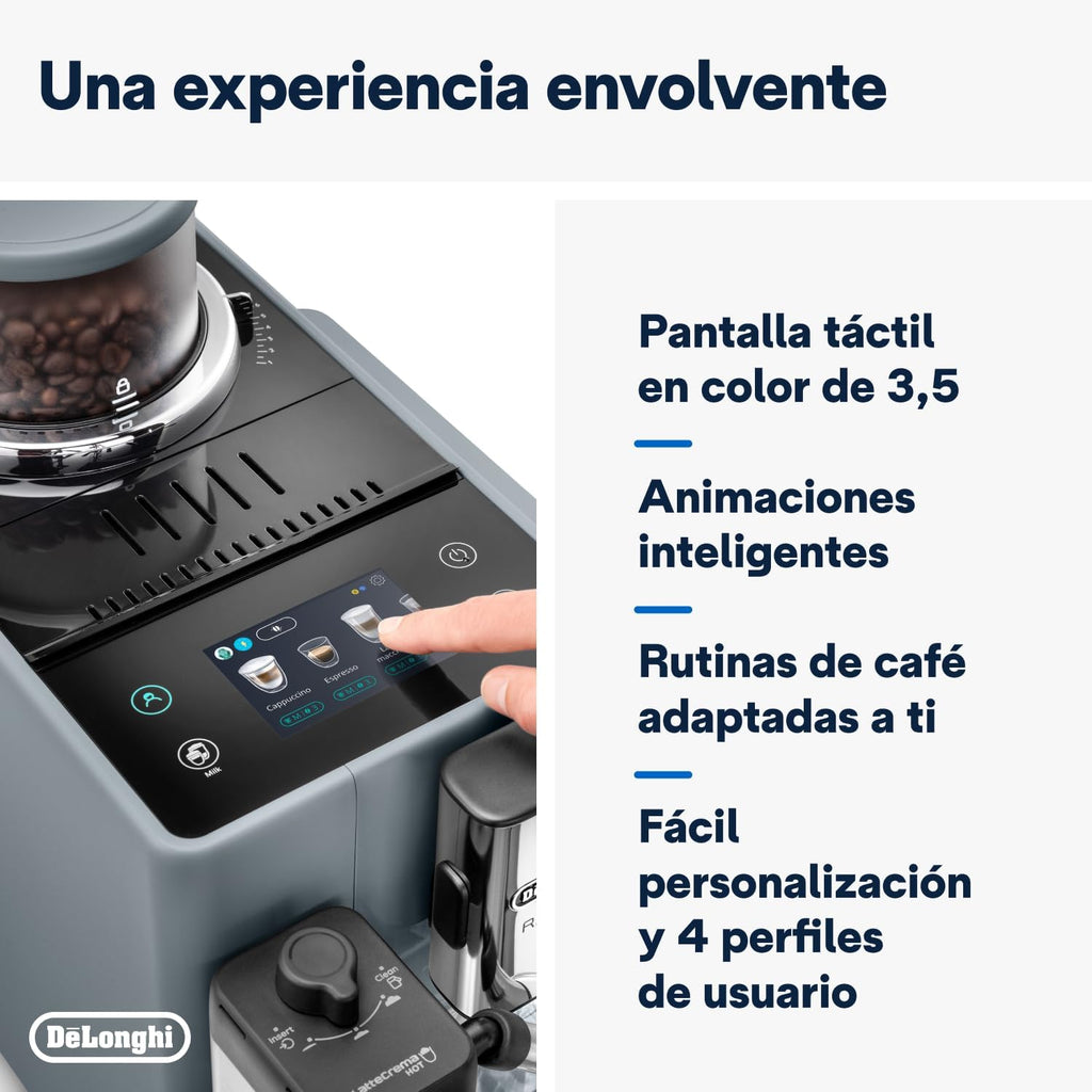 2026 De'Longhi Rivelia EXAM440.55.G, Cafetera Superautomática con LatteCrema Hot, Espumador de Leche Automático, Tamaño Compacto, 16 Recetas, Pantalla Táctil a Color, Gris