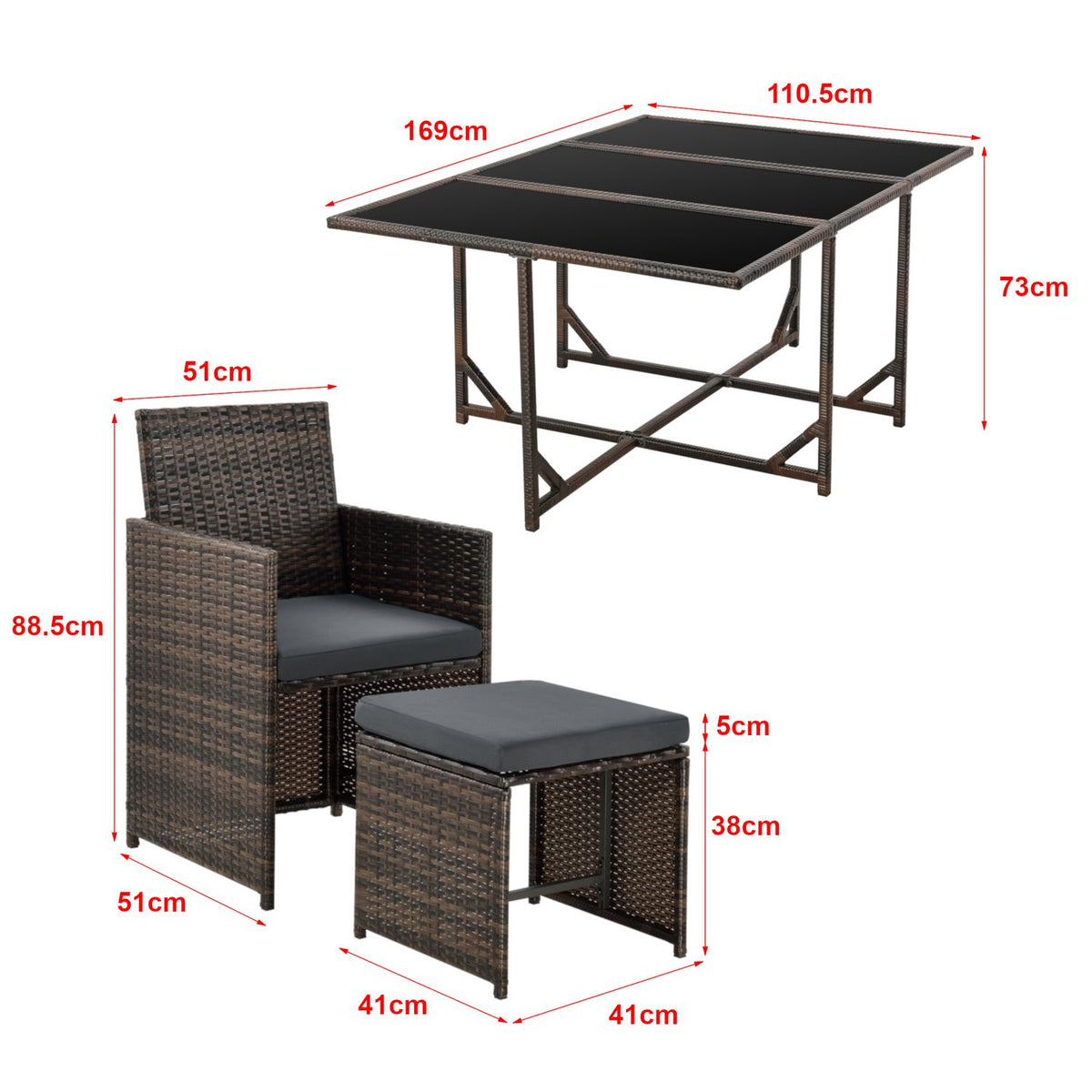 Set De Muebles De Jardín Laredo - 11-piezas - Conjunto De Muebles De Exterior Con Cojines - Terraza - Patio - Set De 6 Sillones - 4 Pufs - Mesa - Polyrattan - Marrón Meler [en.casa]®