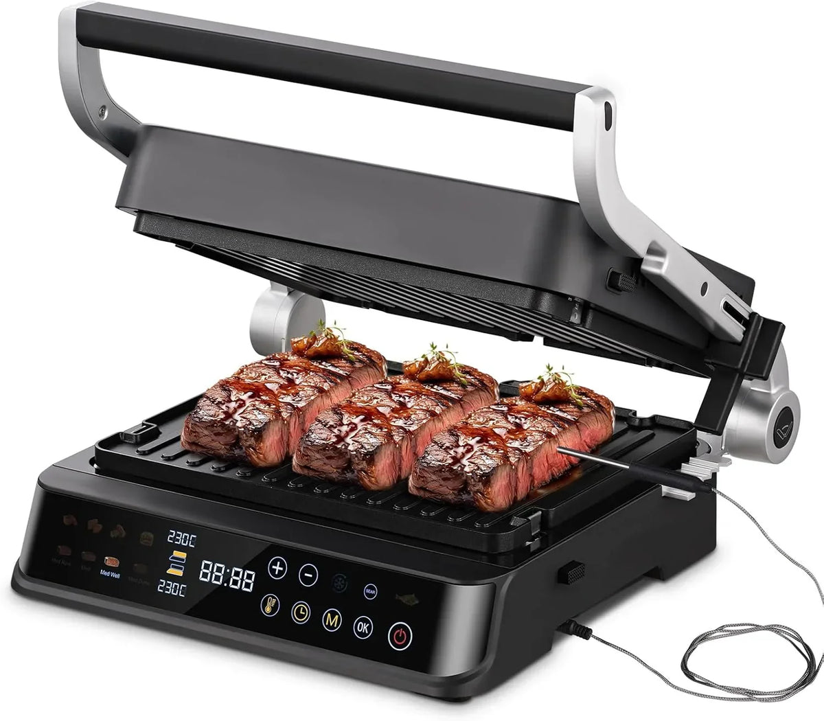 AMZCHEF Parrilla Eléctrica con 6 Programas, Función Sear hasta 280°C, Modo Manual, Sensor de Temperatura, Placas Desmontables y Bandeja para Gofres, Ideal para Carne, Pescado, Paninis y Gofres