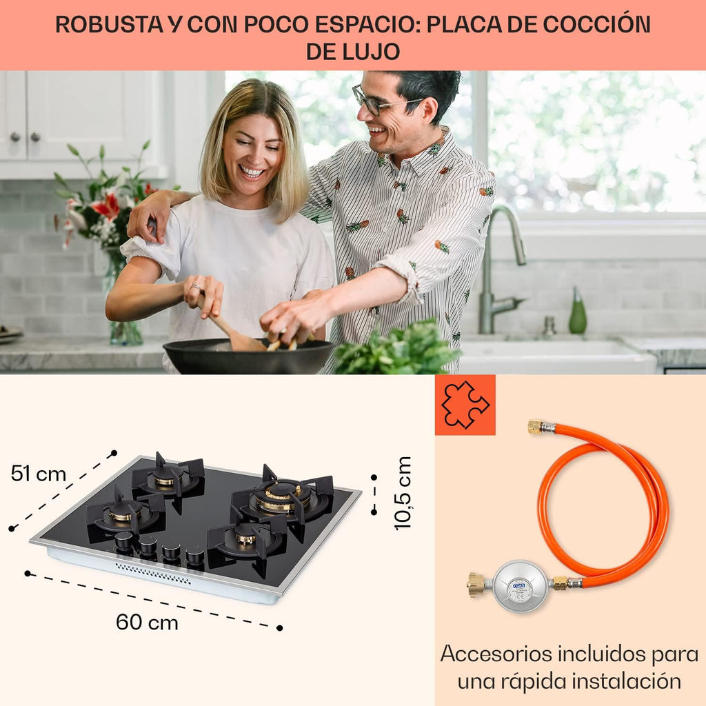 Klarstein Cocina de Gas Butano, Placa de Gas 4 Fuegos 8000W, Placa Vitroceramica Gas Integrada para Cocina, Placa Gas Butano de Diseño, Encimera Gas de Fogones con Base de vidrio y Acero Inoxidable