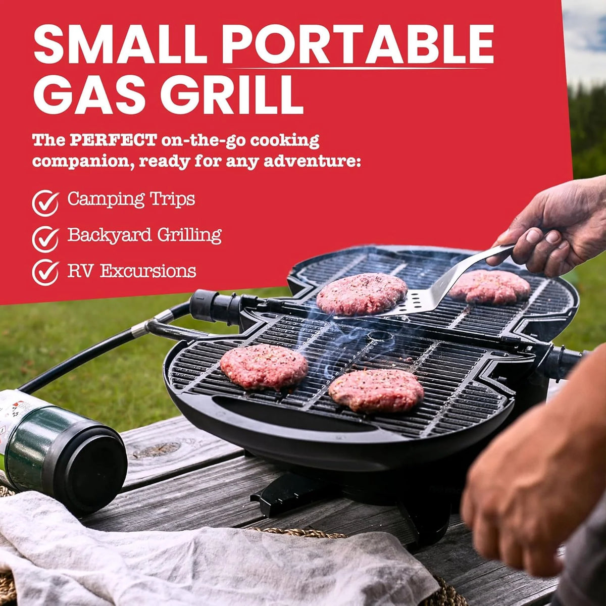 NOMADIQ Parrilla portátil de gas propano | Pequeña, pequeña y ligera barbacoa de mesa | Perfecta para camping, portón trasero, cocina al aire libre, RV, barcos, viajes (parrilla)