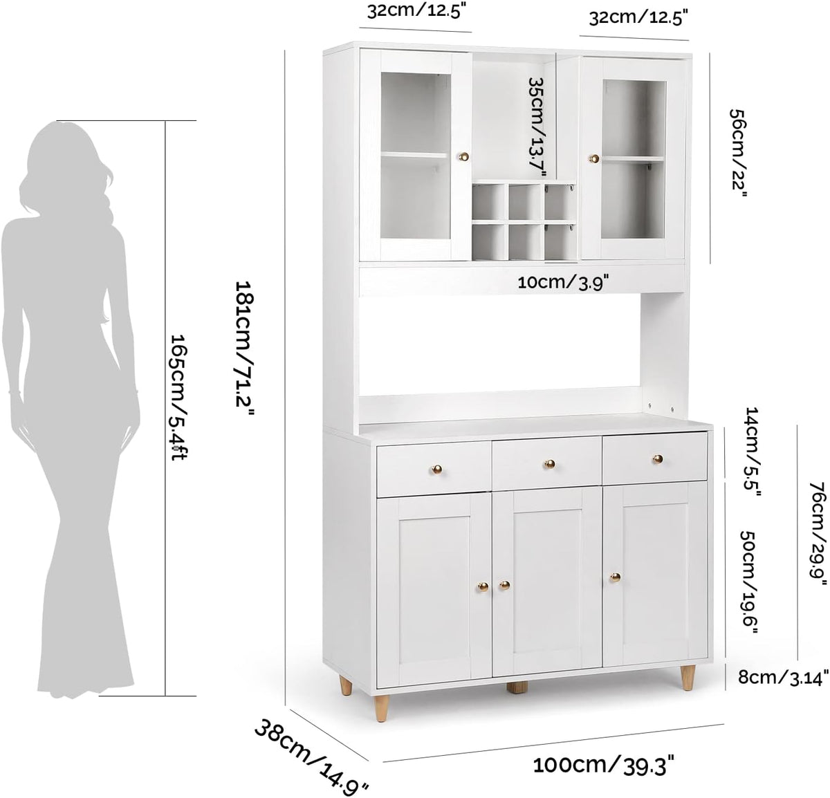 VOWNER Armario Aparador Cocina/Buffet, 100L x 38W x 181H cm, Mueble Auxiliar de Almacenaje, 5 Puertas y 5 Baldas Ajustables, Blanco