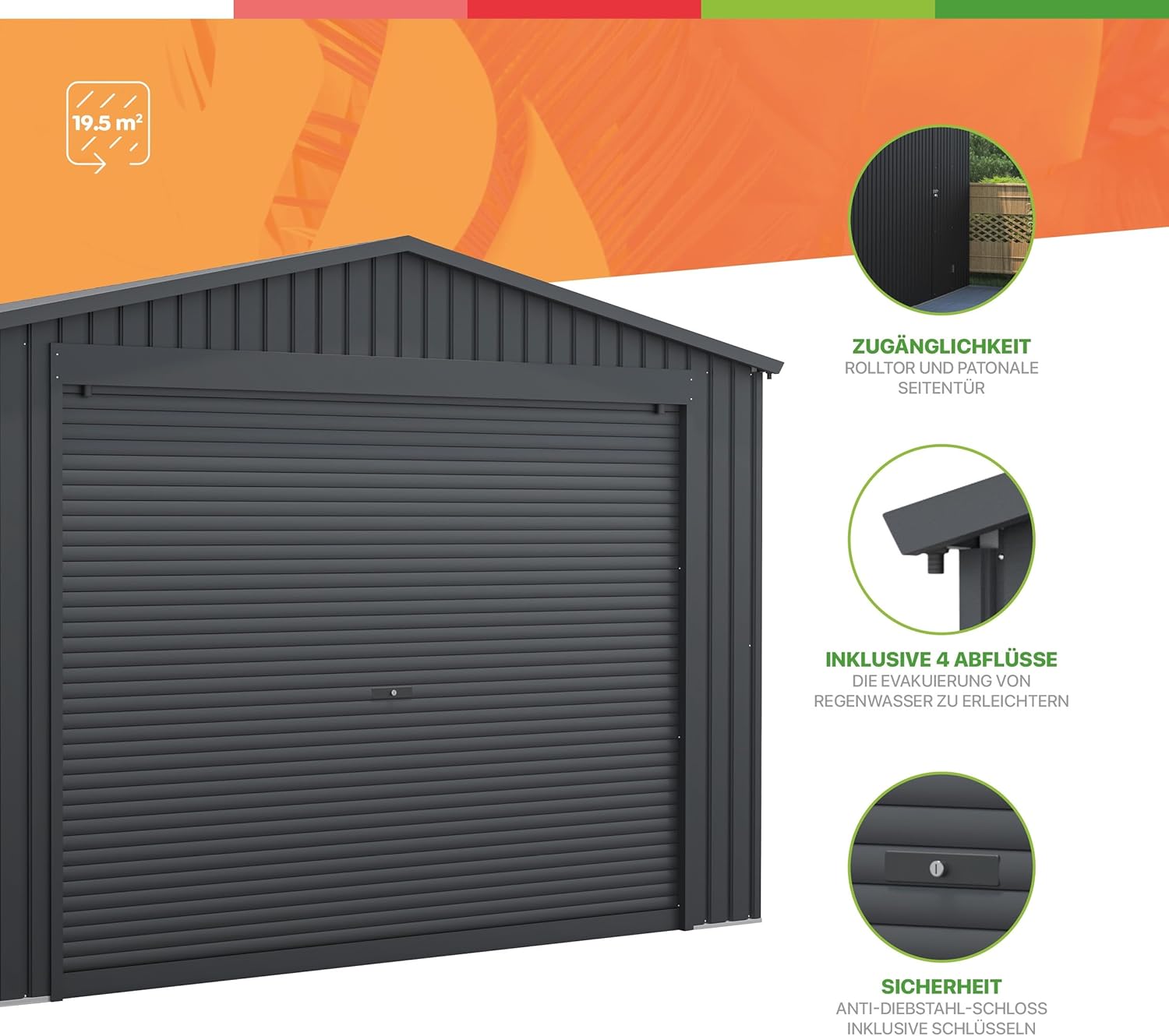 Wasabi - Metallgarage 19,52m² Jarama – Breites Rolltor – Wetterschutz für Autos – Sicherheitsschloss mit Schlüssel – Seitliche Fußgängertür – Carport Gartenhaus Lager – 576x338x243cm