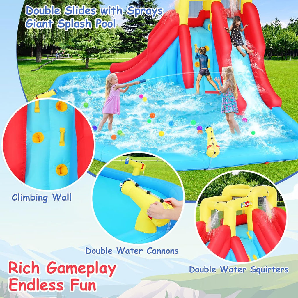 Tobogán acuático inflable 8-en-1 para niños: castillo inflable parque acuático con soplador de 450W, muro de escalada, piscina, 2 pistolas de agua, canasta de baloncesto, tobogán, rociador de cocodrilo – perfecto como regalo y para fiestas en el jard