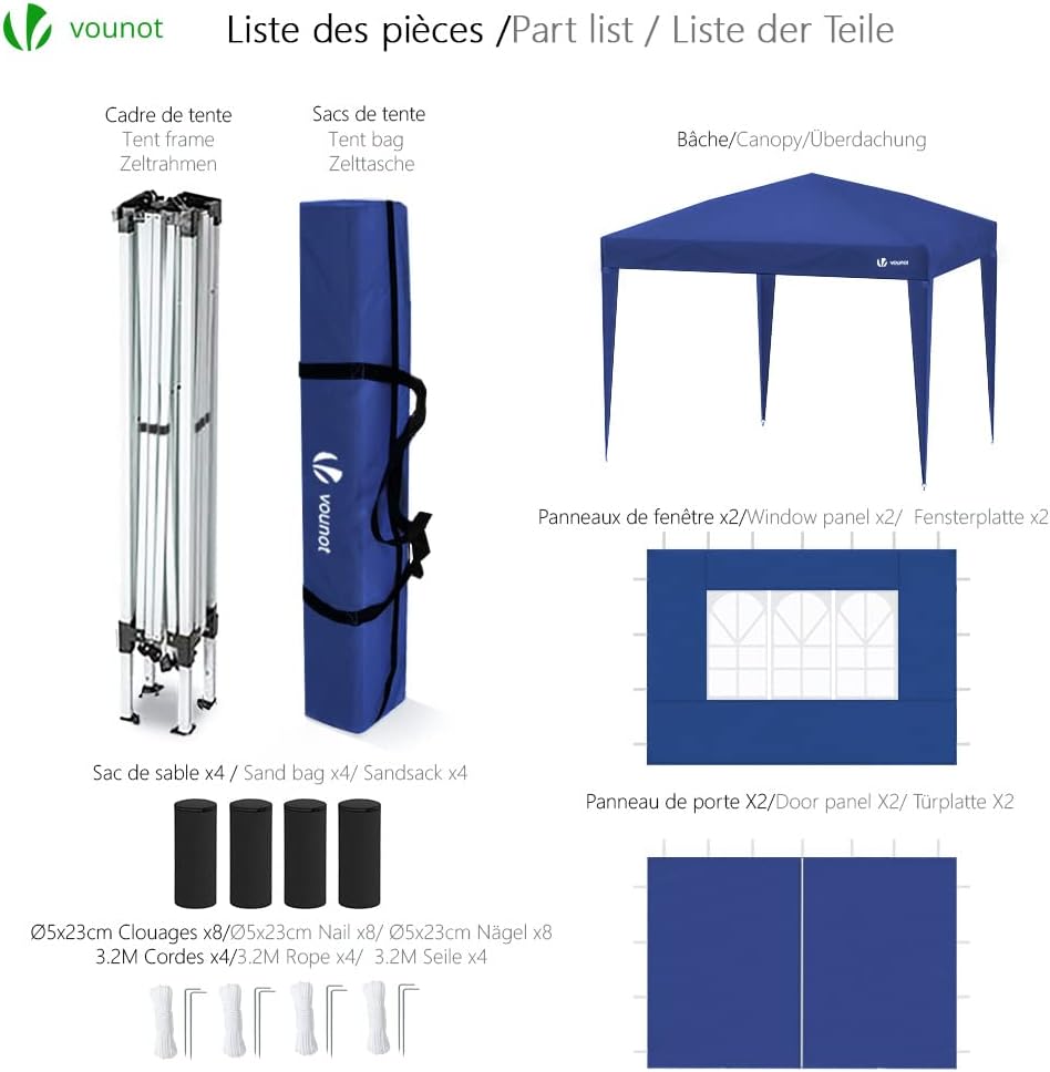 VOUNOT® Carpa Plegable Gazebo 3x3m con 4 Paredes y 4 Bolsas de Arena, Cenador Pabellón de Jardín para Camping, Fiestas, Exterior, Color Azul