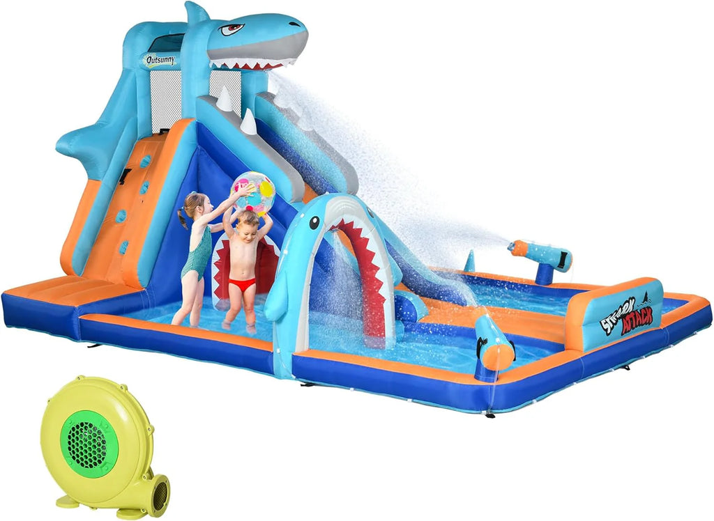 Outsunny Children's Inflatable Castle 6 in 1 Inflatable Castle for Children with Slide Pool Climbing Wall Water Cannon and Shark Themed Carry Bag 440x350x240cm Multicolor