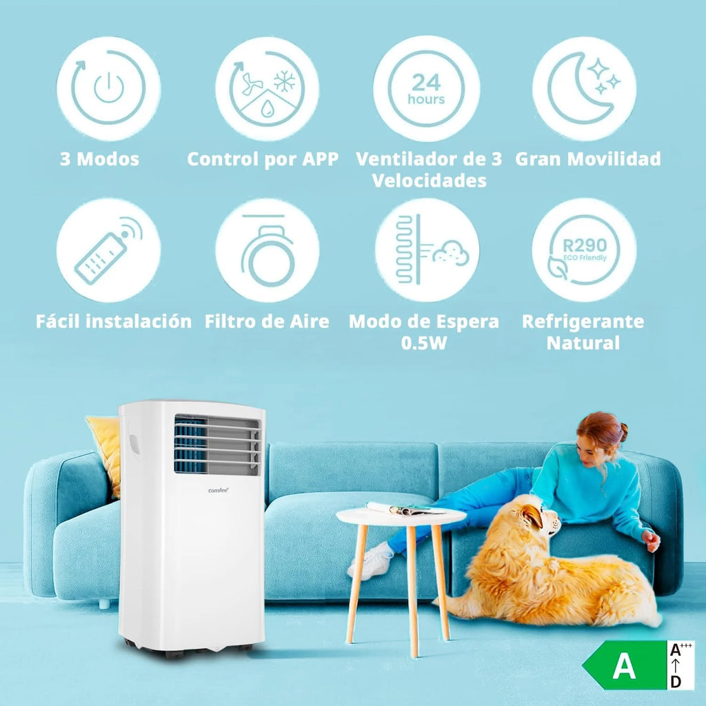 COMFEE Pingüino Aire Acondicionado Portátil 8000 BTU / 2000 Frigorías – Climatizador sin unidad exterior – Enfriador Silencioso Bajo Consumo con Kit de Ventana | 3x1 Refrigera, Ventila y Deshumidifica