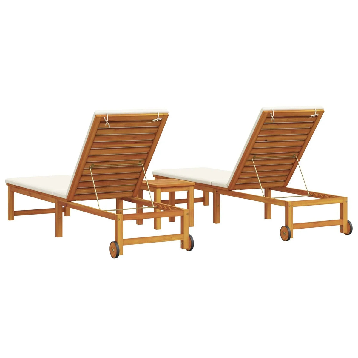 2025 Tumbonas 2 pcs con Mesa y Cojines de Madera Maciza de Acacia, Tumbona con Cojines Crema de Madera Maciza de Acacia, Mesa Lateral de Jardín 35x35x34 cm de Madera Maciza de Acacia V8526
