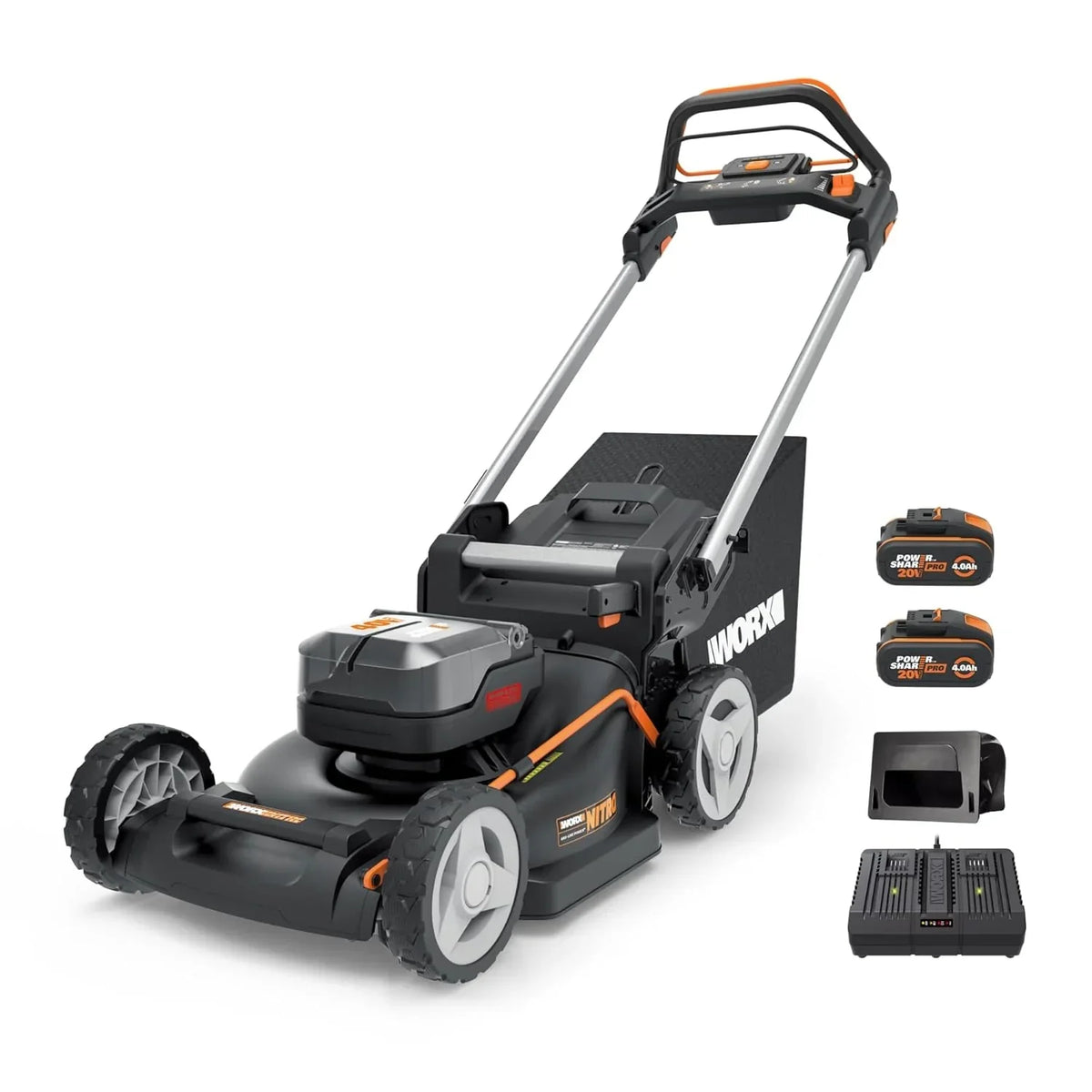 WORX WG737E Nitro Lawn Mower with Battery 40 V (2 x 20 V), Powerful Brushless Motor, Cutting Width 37 cm, 6 Levels of Cutting Height (20 – 70 mm), 40 L Grass Catcher Sack