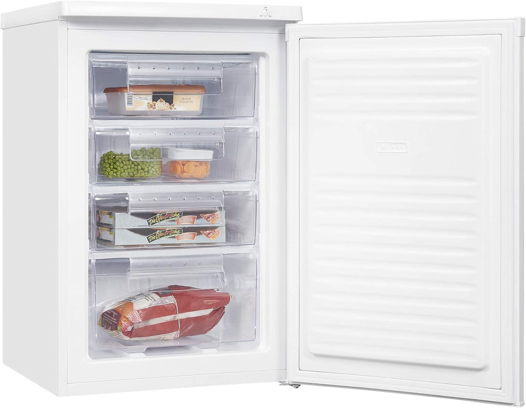 Exquisit® Gefrierschrank 91L, Weiß, Energieeffizienzklasse E, 4-Sterne-Gefrierfach, 4 transparente Schubladen, wechselbarer Türanschlag, Temperaturregelung, Maße (85,5 x 55,0 x 58,0 cm)