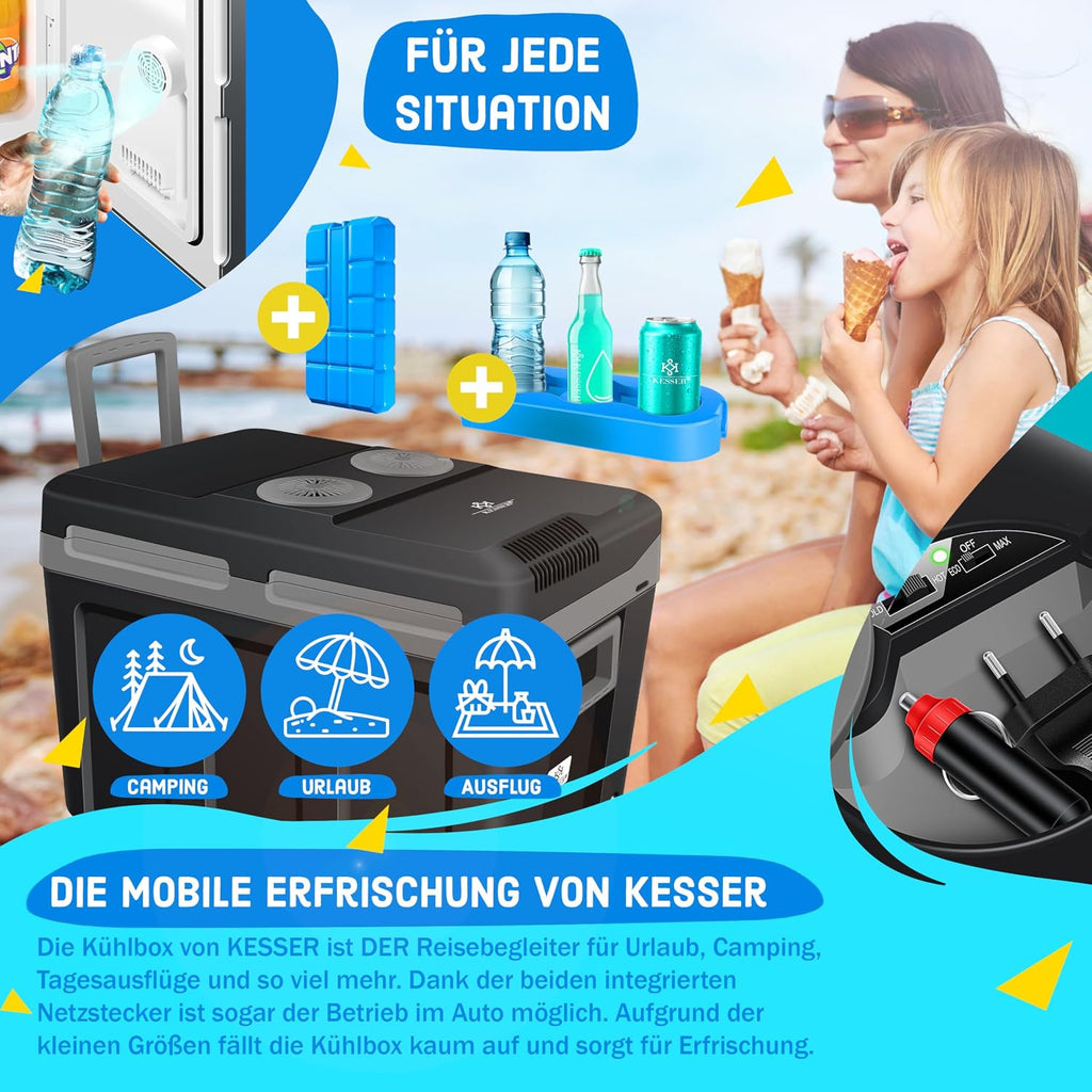 KESSER® Nevera eléctrica portátil 40L con Ruedas | Calienta y enfría | Termoeléctrica | Mini Nevera | 12V y 230V | para Coche, Camping y Enchufe | Modo Eco | Incluye acumuladores de frío