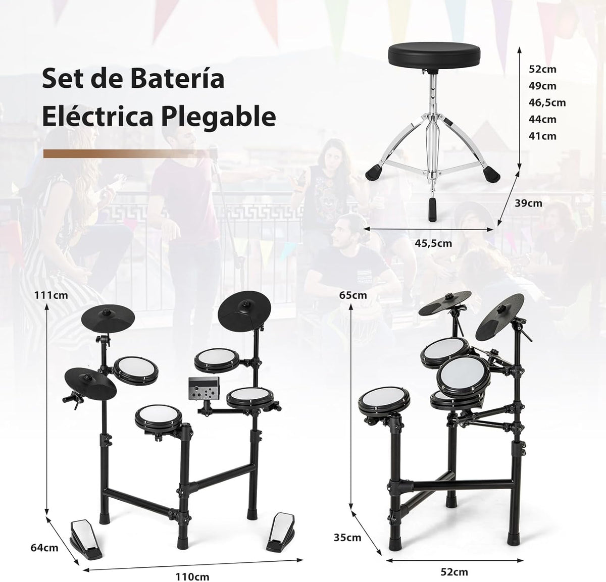 GOPLUS Batería Electrónica Completa Plegable con 150 Sonidos, Pads de Malla, Platillos de Silicona, 10 Canciones, 9 Tipos de Metrónomo, USB Midi, 2 Pedales, 2 Baquetas, Asiento Ajustable