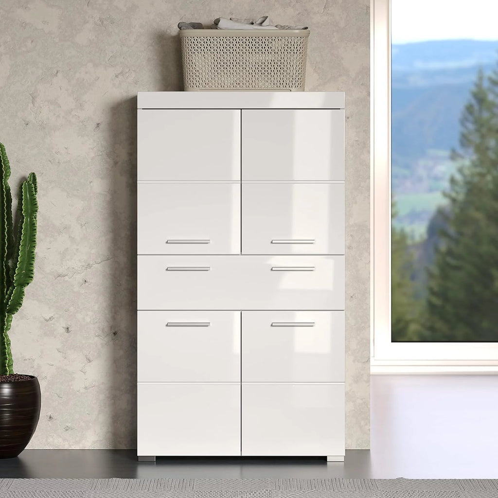 trendteam smart living Hochschrank Bad Amanda, 73 x 132 x 31 cm, in Weiß und Hochglanz Weiß mit Schublade und viel Stauraum