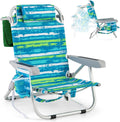 COSTWAY Silla Plegable de Playa, Tumbona con 5 Posiciones, Portavasos, Bolsillos de Almacenamiento, Correas de Hombro, Soporte para Toallas, Almohada, 150kg (Verde+Azul,1)