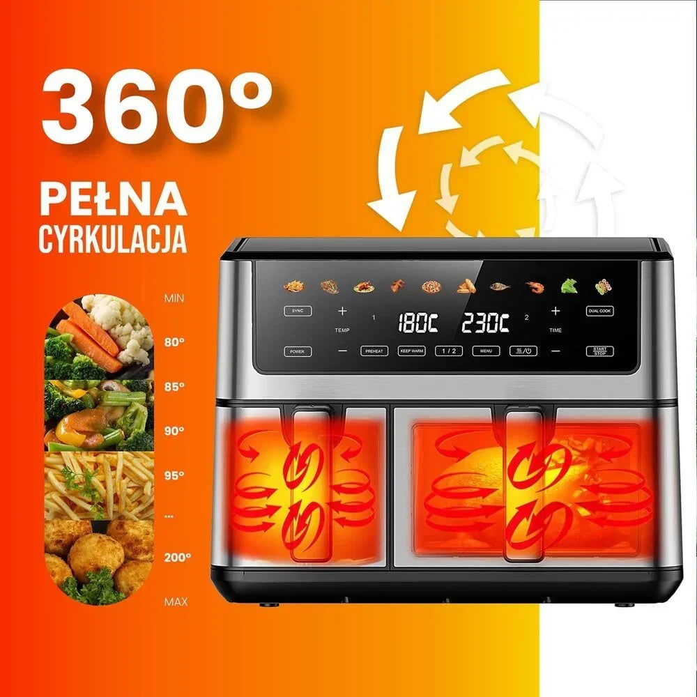 Frytkownica beztłuszczowa z okienkiem Extralink Dual Basket, 2 komory, 2500 W, 6,5 l i 3,5 l, srebrna