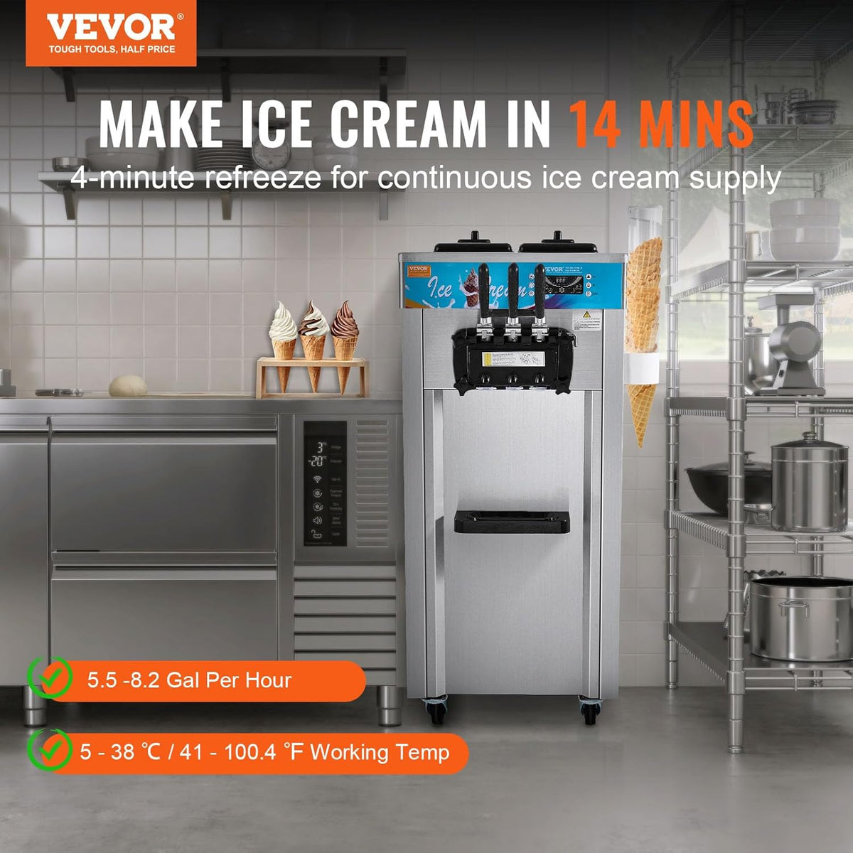 VEVOR Máquina de Helados Comercial 21-31 L/h 1500 W 3 Sabores Máquina para Hacer Helados 2 Tolvas de 5,5 L Independiente Pre-Refrigeración Limpieza Automática para Restaurante Bar Mercado Tienda