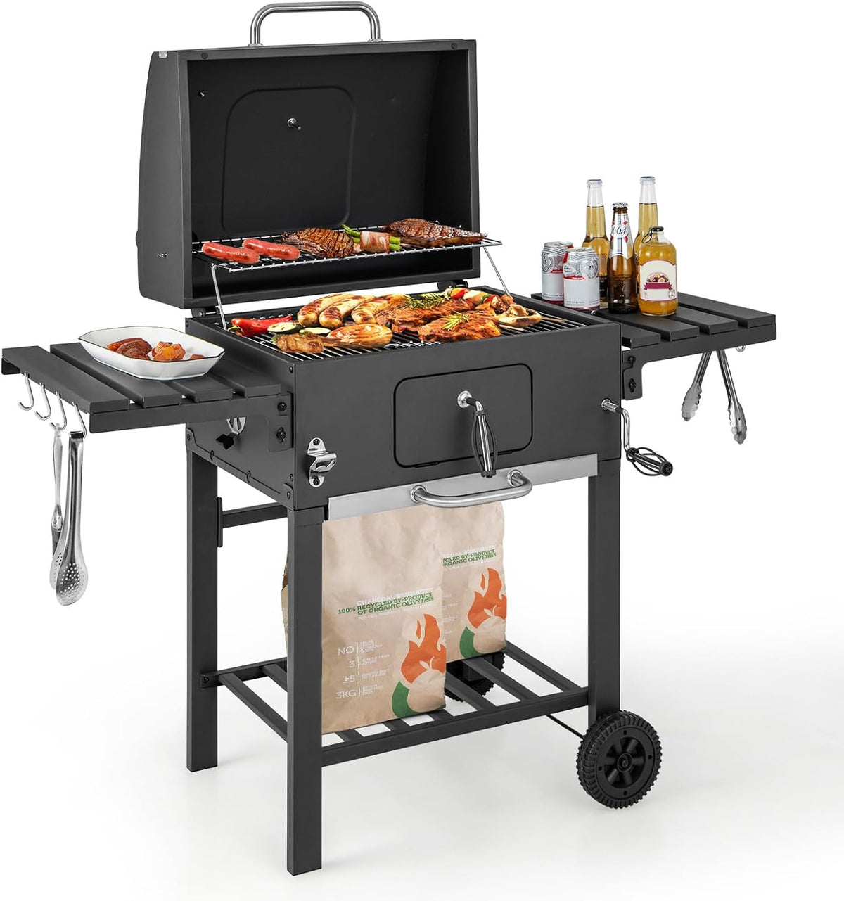 COSTWAY Barbacoa Carbon XXL, Barbacoa Portatil 128 x 54x 117 cm, Tapa, Termómetro, 2 Mesas Laterales Plegables, 8 Ganchos, 2 Ruedas y Abridor de Botellas