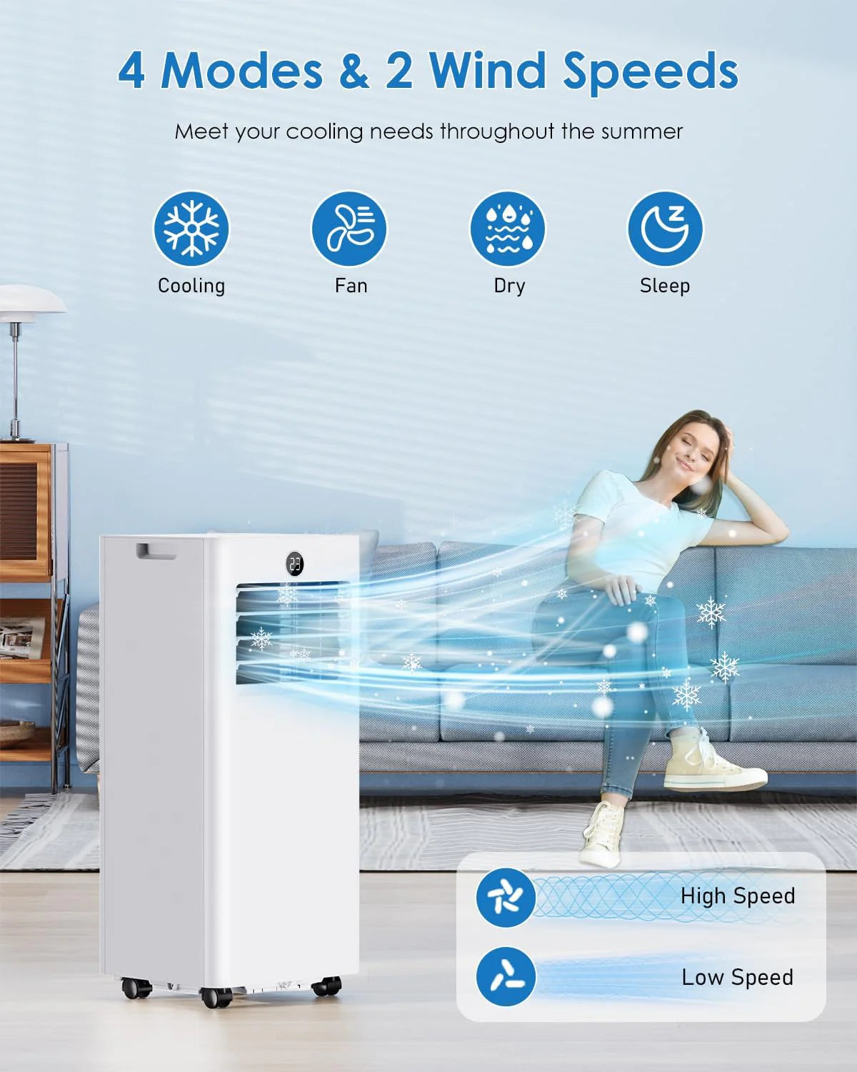 Aire Acondicionado Portatil 7000 BTU, Enfriamiento/Ventilador/Deshumidificación/Modo Sueño 4 en 1, Táctil/Mando a Distancia, Temporizador 24h, Ruedas 360°, Incluye Manguera de Escape & Kit de Ventana