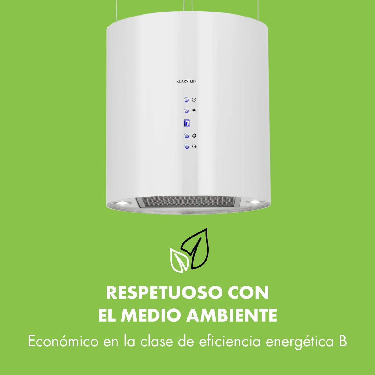 Klarstein Barett - Campana extractora aislada, Ø 35cm, Potencia de 190 W, Ventilación máxima de 590 m³/h, 3 niveles de potencia, CEE B, Iluminación LED, Acero inoxidable cepillado, Blanco