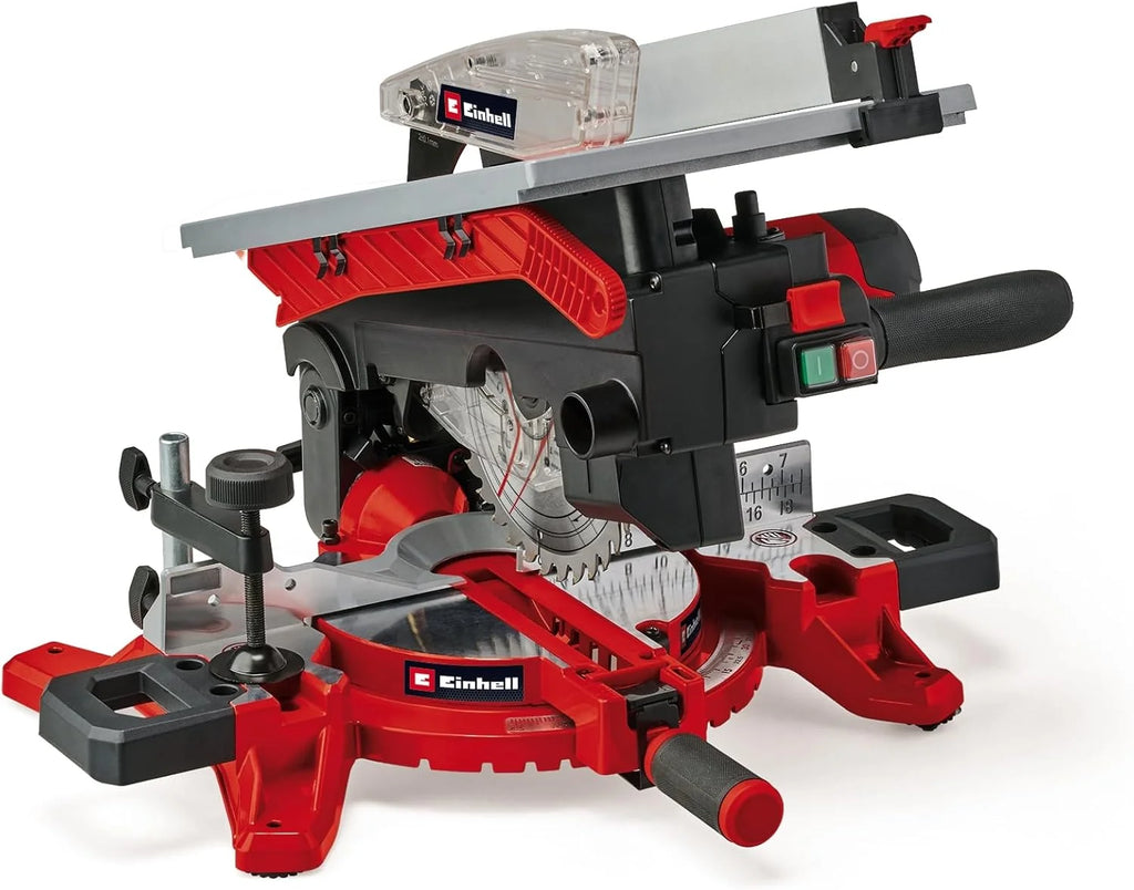 Einhell Sierra ingletadora y tronzadora y mesa TE-MS 216 T (1500W, hoja de sierra de Ø216mm, ancho de corte 120mm, profundidad 55mm, incl. láser de línea de corte, func. de sierra circular de mesa)