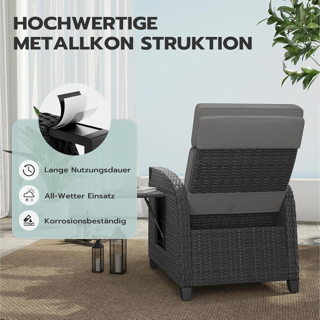 UDPATIO Sillón Ratán Jardin Exterior Reclinable, Tumbona de Jardín Ajustable 150°, con Respaldo Ajustable, Fundas + Extraíbles Cojines, Impermeable, para Interior y Exterior - Gris