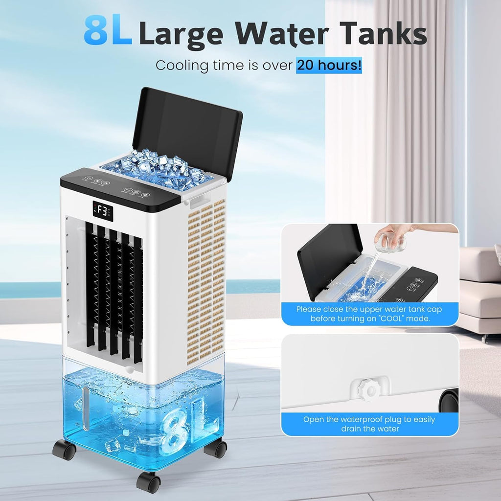 Aire Acondicionado Portátil sin Tubo, Enfriador de Aire Grande 4 en 1, 4 Modos 3 Velocidades, Climatizador Evaporativo 60W, Temporizadores de 1-12 H, con Control Remoto, 4 Ruedas para Hogar Oficina