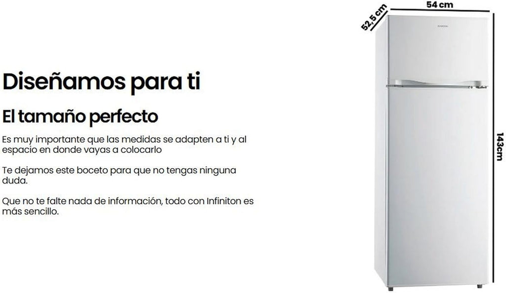 INFINITON Frigorifico Dos Puertas FG-A145B, 200 Litros, 143 cm de Altura, Defrost, LED Interior, E, Diseño con Tirador Integrado, Ancho 55 cm, Regulación en Altura, Puerta Reversible, Blanco