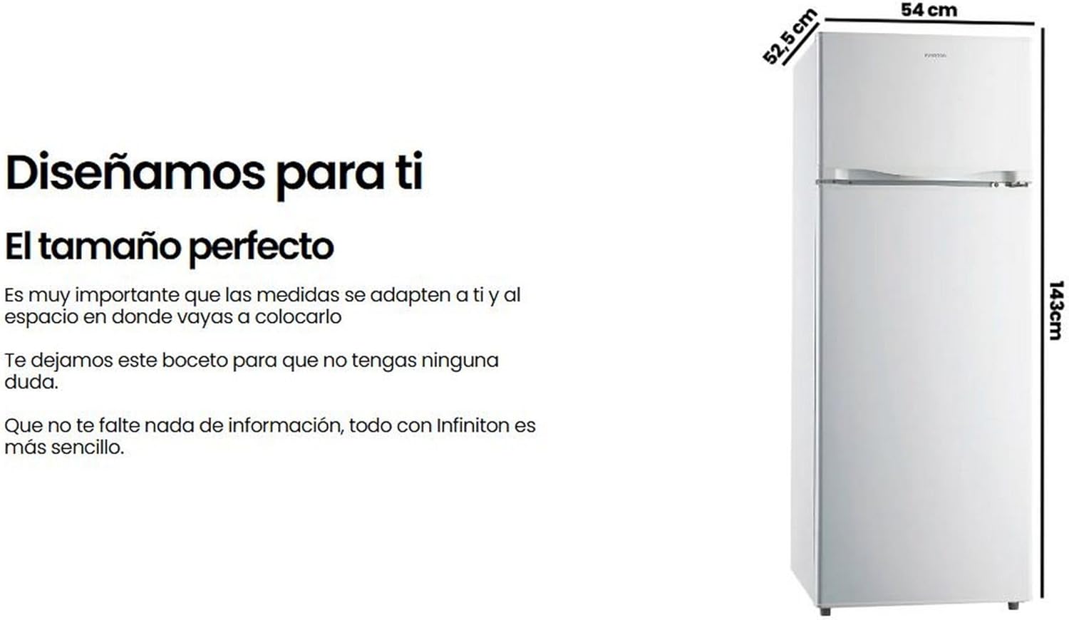 INFINITON Frigorifico Dos Puertas FG-A145B, 200 Litros, 143 cm de Altura, Defrost, LED Interior, E, Diseño con Tirador Integrado, Ancho 55 cm, Regulación en Altura, Puerta Reversible, Blanco