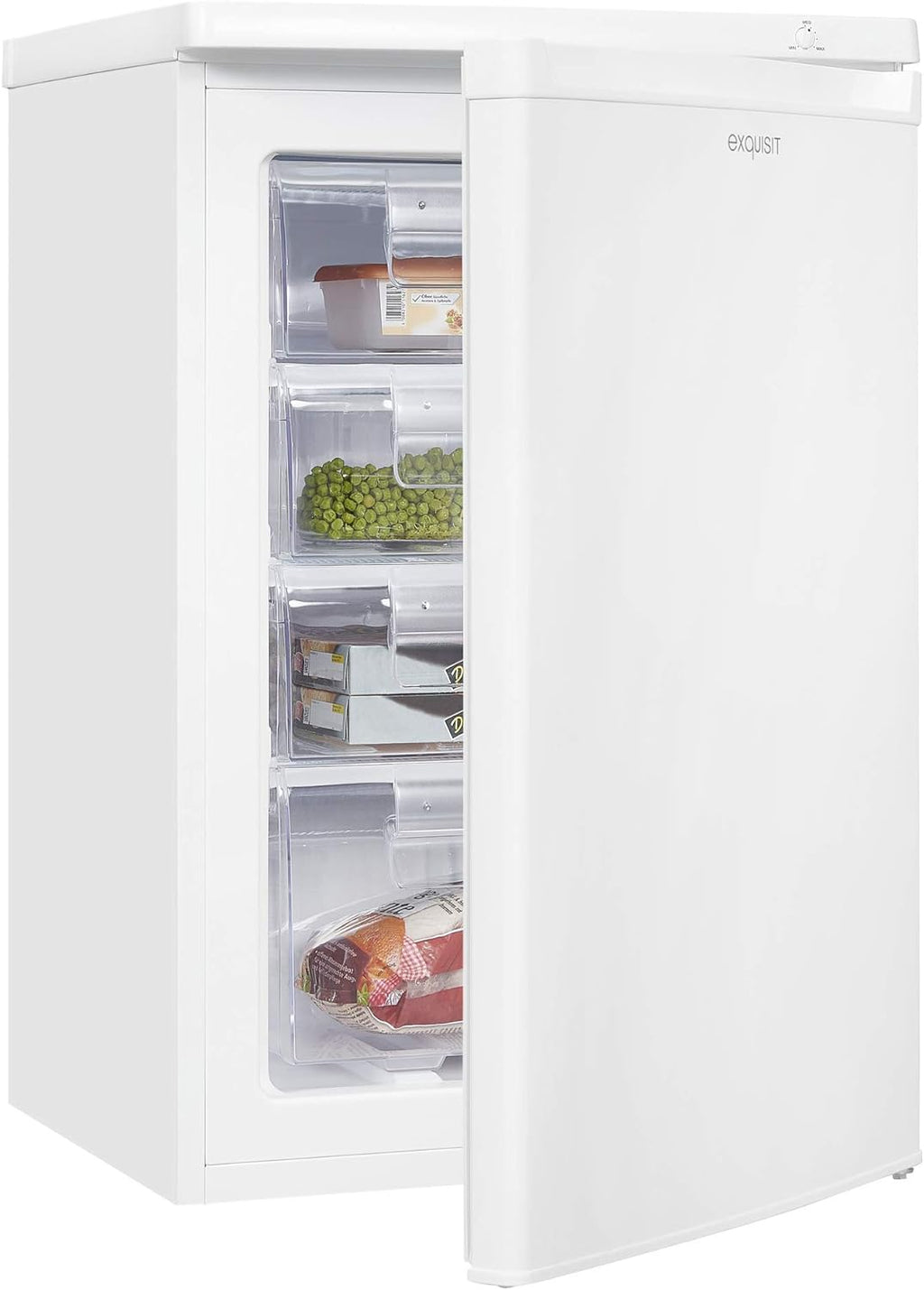 Exquisit® Gefrierschrank 91L, Weiß, Energieeffizienzklasse E, 4-Sterne-Gefrierfach, 4 transparente Schubladen, wechselbarer Türanschlag, Temperaturregelung, Maße (85,5 x 55,0 x 58,0 cm)
