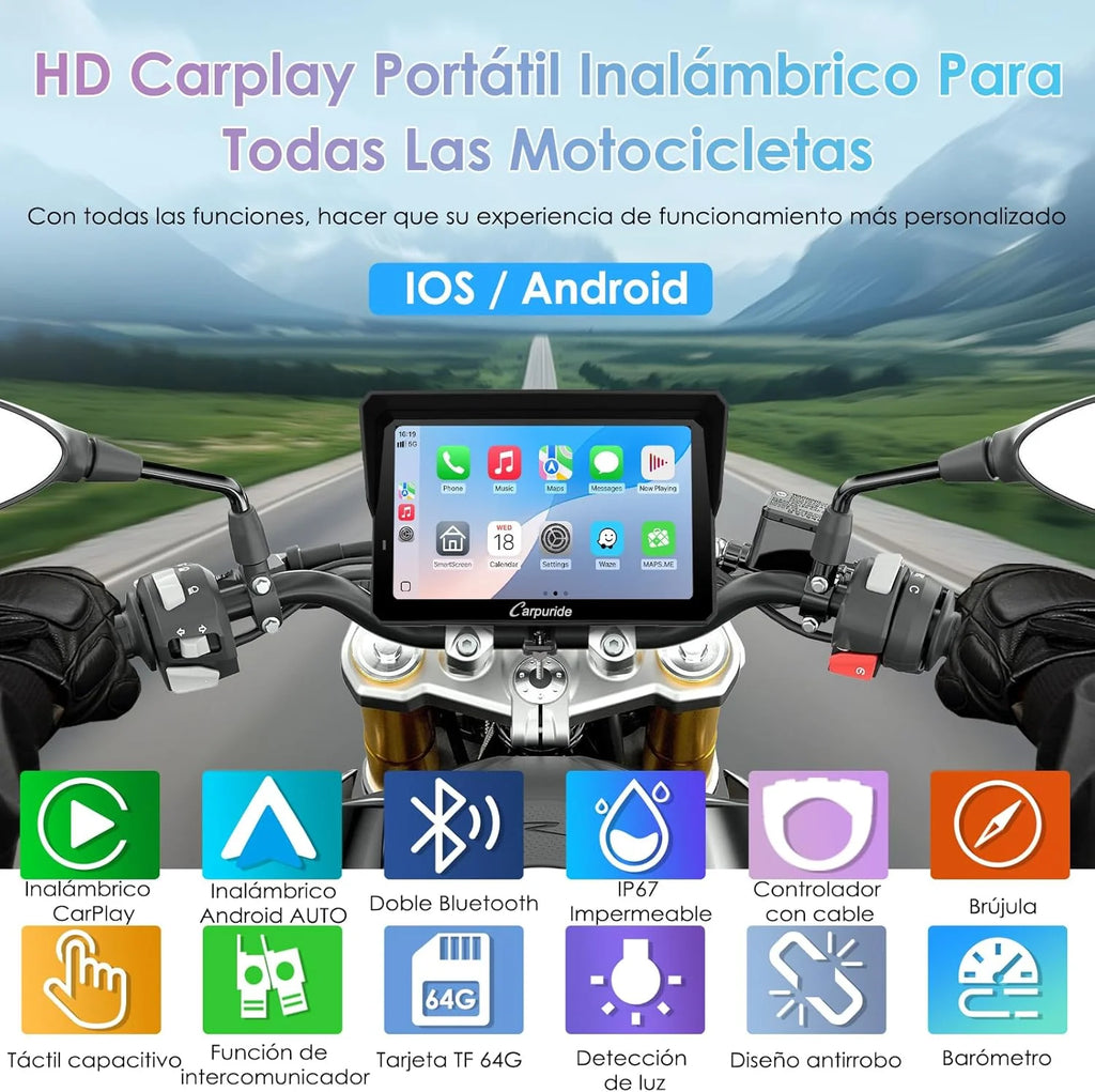 CARPURIDE W702S Pro Motocicleta CarPlay Pantalla con BM05 Soporte para Conectar y Usar, Inalámbrico CarPlay y Android Auto, 7" Impermeable Táctilpantalla, Dual Bluetooth, Control con Cable, Brújula.
