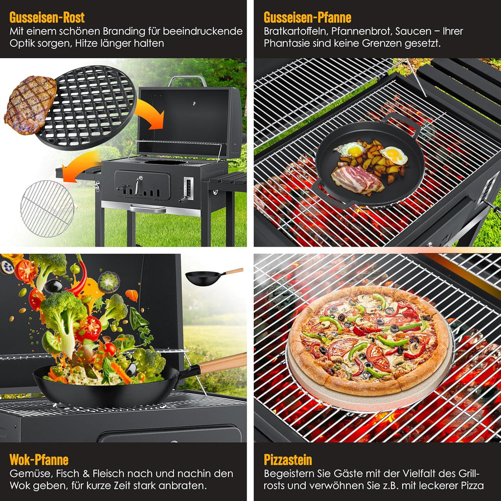 KESSER® Holzkohlegrill mit Wagen Grill mit Deckel, Rädern, Edelstahlgriff | Grill und Thermometer Großer Holzkohlegrill BBQ Grill Camping, Terrasse, Garten XXL Grau