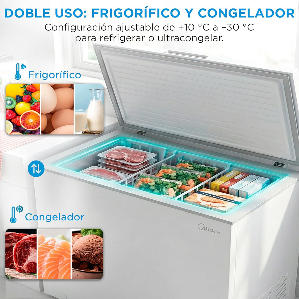 MIDEA Arcon Congelador Pequeño de 293L | Congelador Horizontal Convertible a Frigorífico con Motor Inverter, Control Electrónico de Temperatura, Cestas con Asa | Arcón Silencioso 41 db Bajo Consumo