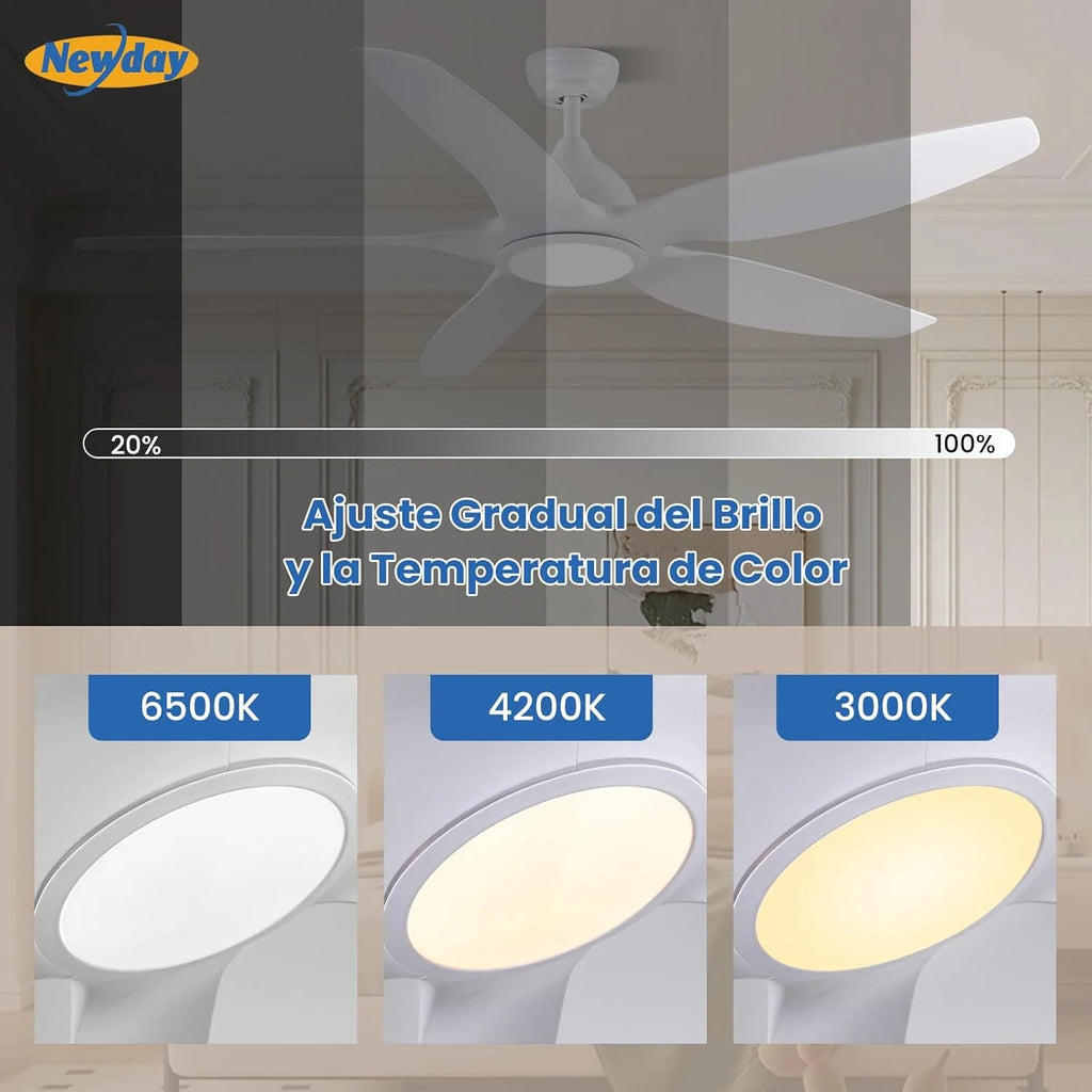 Newday 153cm Grande Ventilador de Techo Blanco con Luz y Mando a Distancia, LED Dimmer, Motor DC reversible para uso en verano e invierno, 5 aspas Silencioso para Dormitorio Sala de estar del Balcón