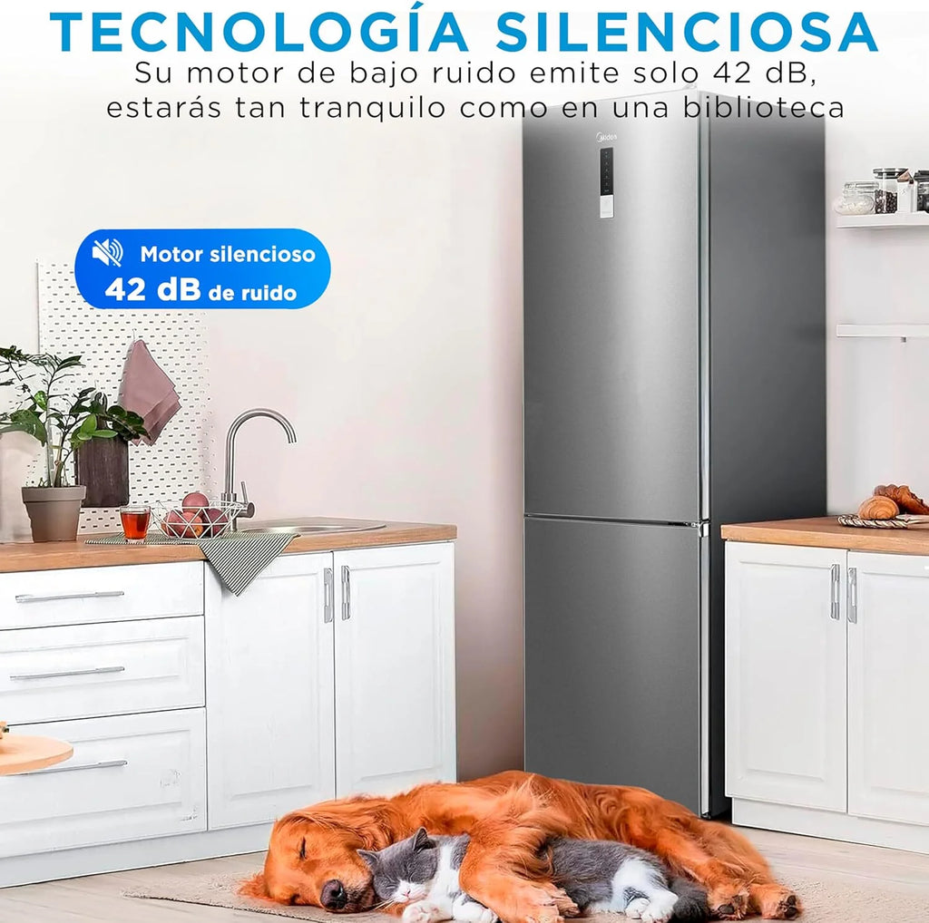 Midea Frigorífico Combi No Frost | 60 cm ancho x 188 alto cm | Inox | Nevera libre instalación 224 L + 86 L Congelador - Refrigerador de bajo consumo con congelador vertical