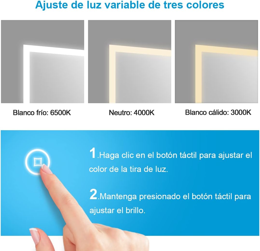 Heilmetz LED Badspiegel mit 3-fach Vergrößerungsspiegel, 80 x 60 cm, mit Touch-Schalter und Antibeschlagfunktion, Uhr und Bluetooth, Dimmbar, Drei Farben, Typ13