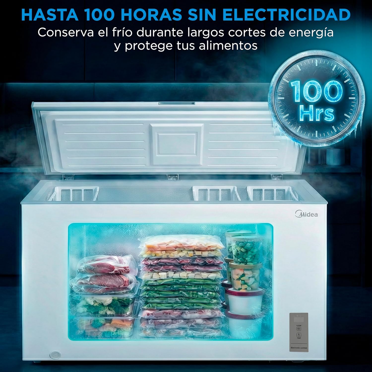 MIDEA Arcon Congelador Pequeño de 418L | Congelador Horizontal Convertible a Frigorífico con Motor Inverter, Control Electrónico de Temperatura, Cestas con Asa | Arcón Silencioso 41 db Bajo Consumo