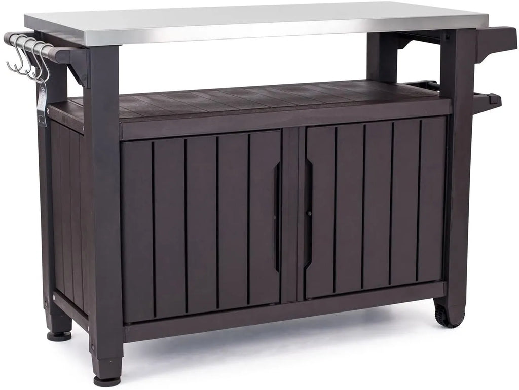 2025 Carro móvil de patio Keter Unity XL – Mesa de cocina exterior resistente a la intemperie con superficie de trabajo de acero inoxidable, espacio de almacenamiento con cerradura y accesorios