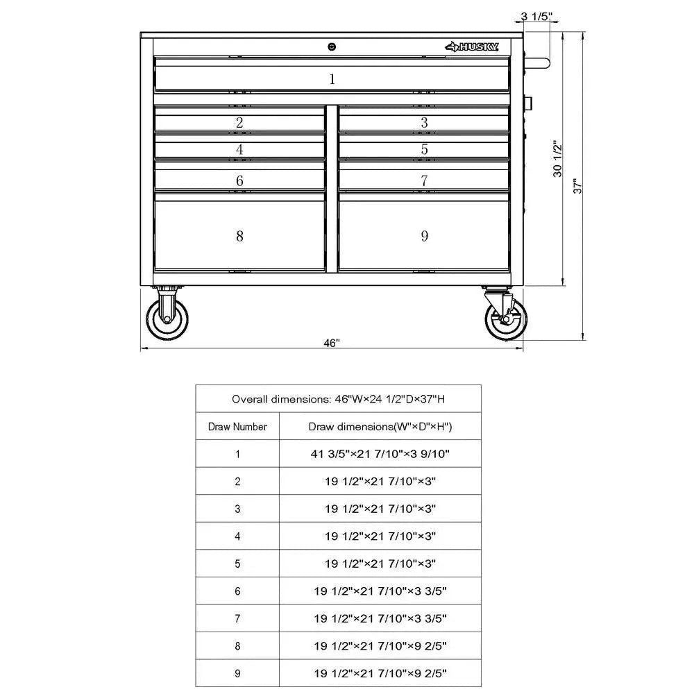 2025 Tiefenschubladen-Rollwerkstattwagen mit 9 Schubladen, 46" B x 24" T, glänzendes Schwarz-Finish