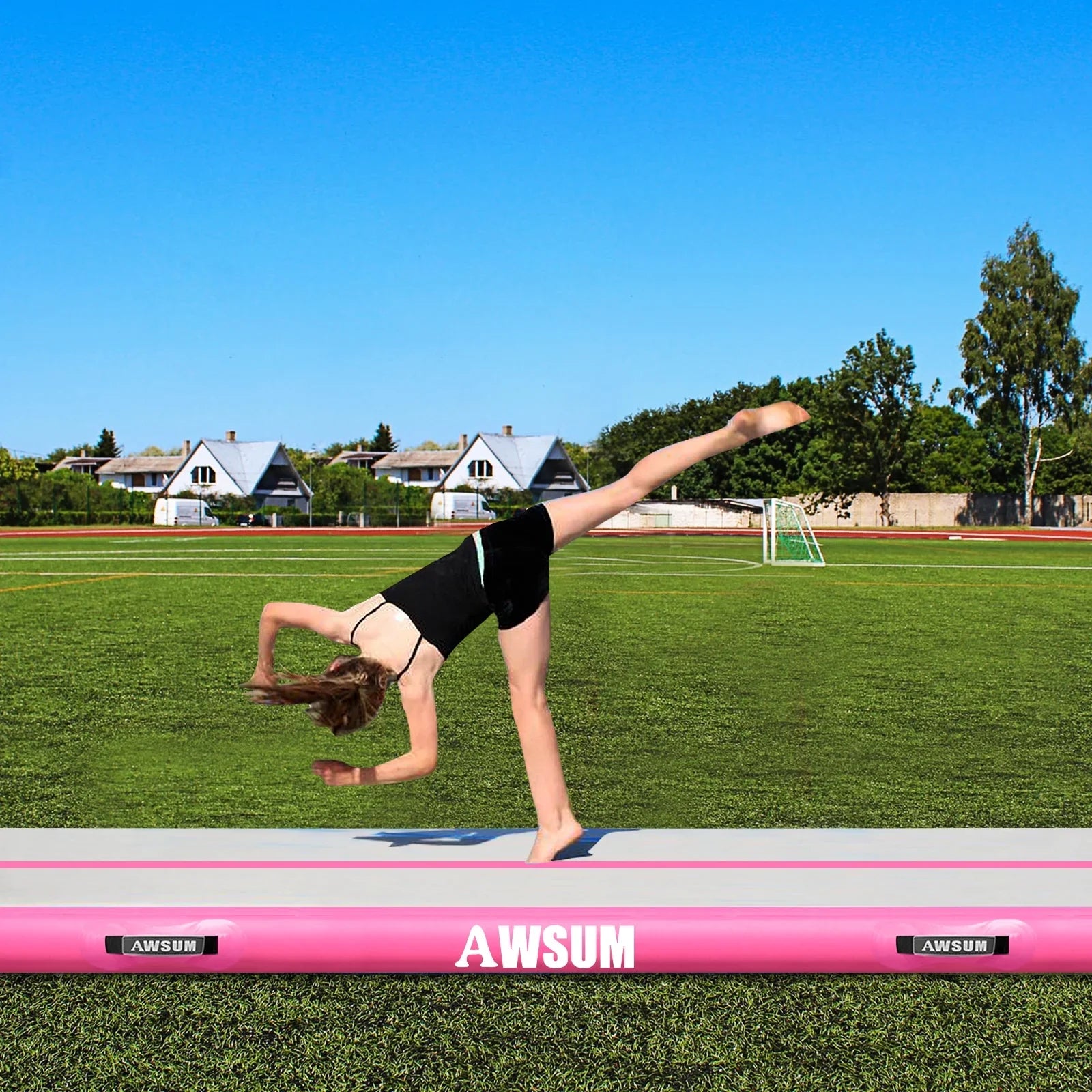 2025 Colchón de gimnasia inflable AWSUM – disponible en longitudes de 10, 13 o 16 pies, grosor de 4 pulgadas, pista de acrobacias con rodillo inflable y bomba eléctrica para casa o gimnasio