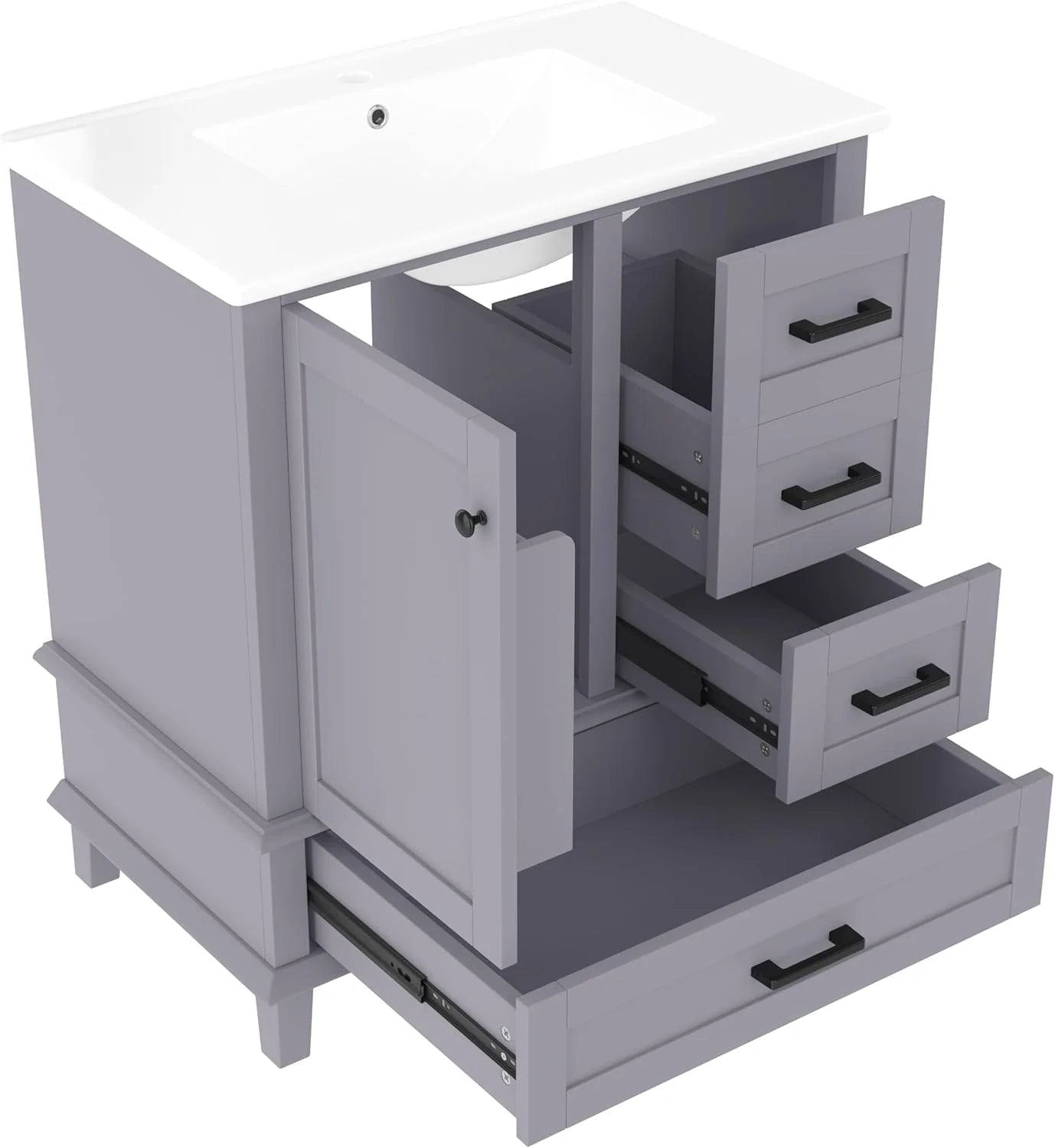 Armario de Baño Lcoho 76 x 46 x 83,5 cm con Lavabo, Lacado Completo, Estantería para Puerta, Tres Cajones Silenciosos, Lavabo de Cerámica Integrado (Gris)