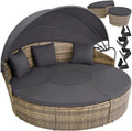 tectake Rattan Island with Cushions, Garden Set with Folding Sliding Awning, Outdoor Garden Furniture with Steel Frame and UV Resistant, Combinable Terrace Set – Beige