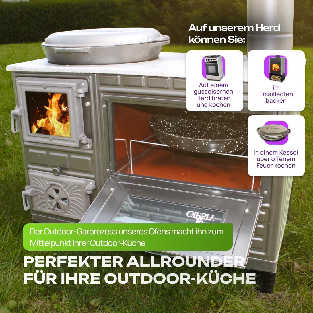Outdoor-Kocher, Terrassenofen, Outdoor-Küche mit Holz oder Holzkohle, Gartenofen, Outdoor-Küche (Gusseisentür+2 Rohre)