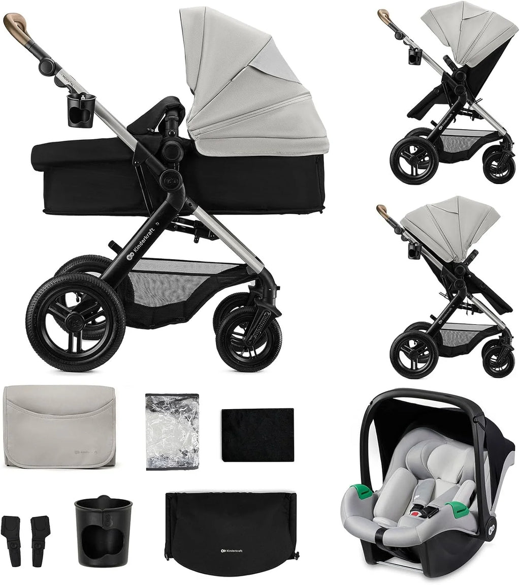 Kinderkraft MOOV XL 3 en 1, Carrito bebé hasta 27 kg, Carro, Con Asiento I-SIZE 40-75 cm, Plegable, Amortiguación, Convertible, Capazo XL, Con accesorios, Gris Claro