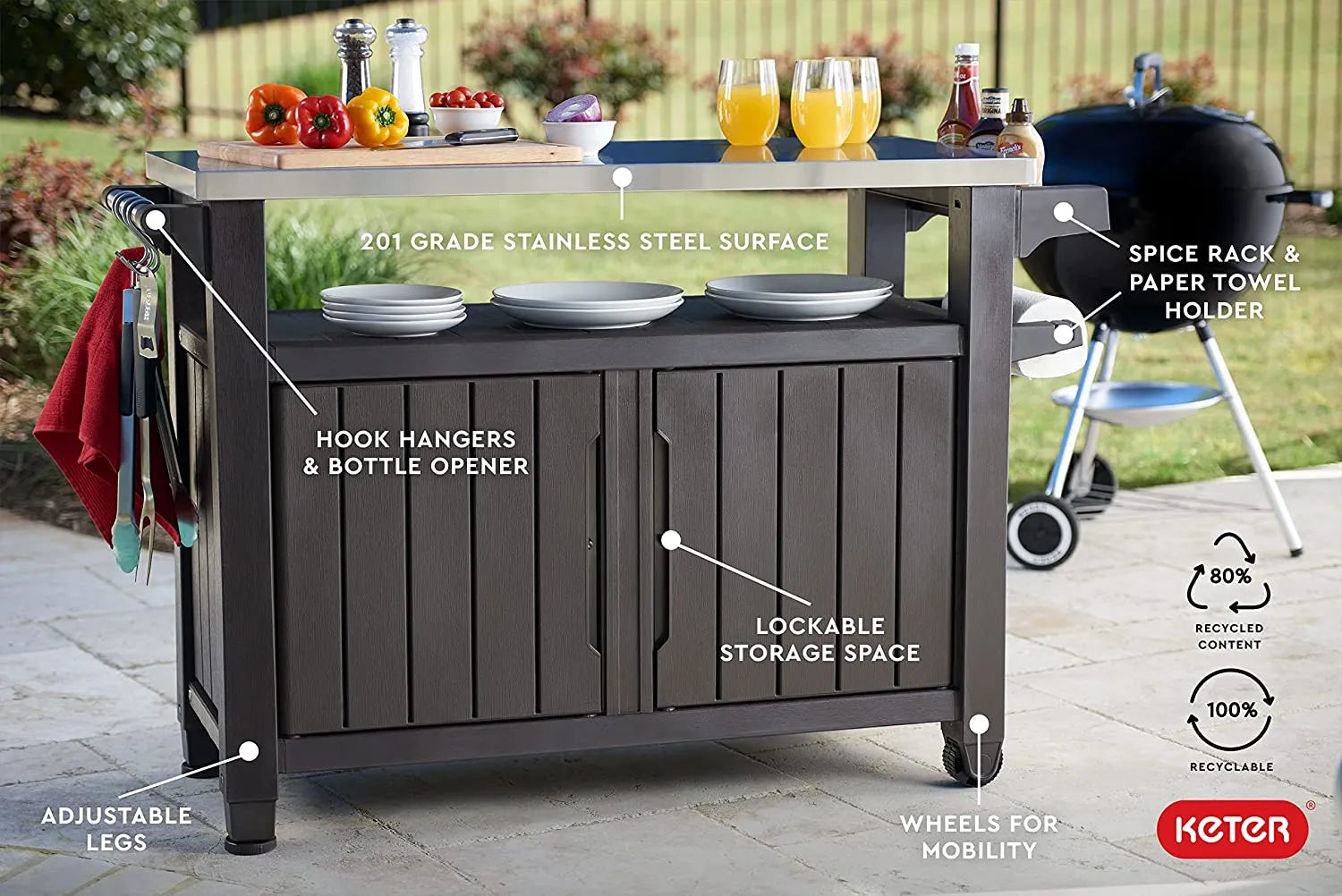 2025 Carro móvil de patio Keter Unity XL – Mesa de cocina exterior resistente a la intemperie con superficie de trabajo de acero inoxidable, espacio de almacenamiento con cerradura y accesorios
