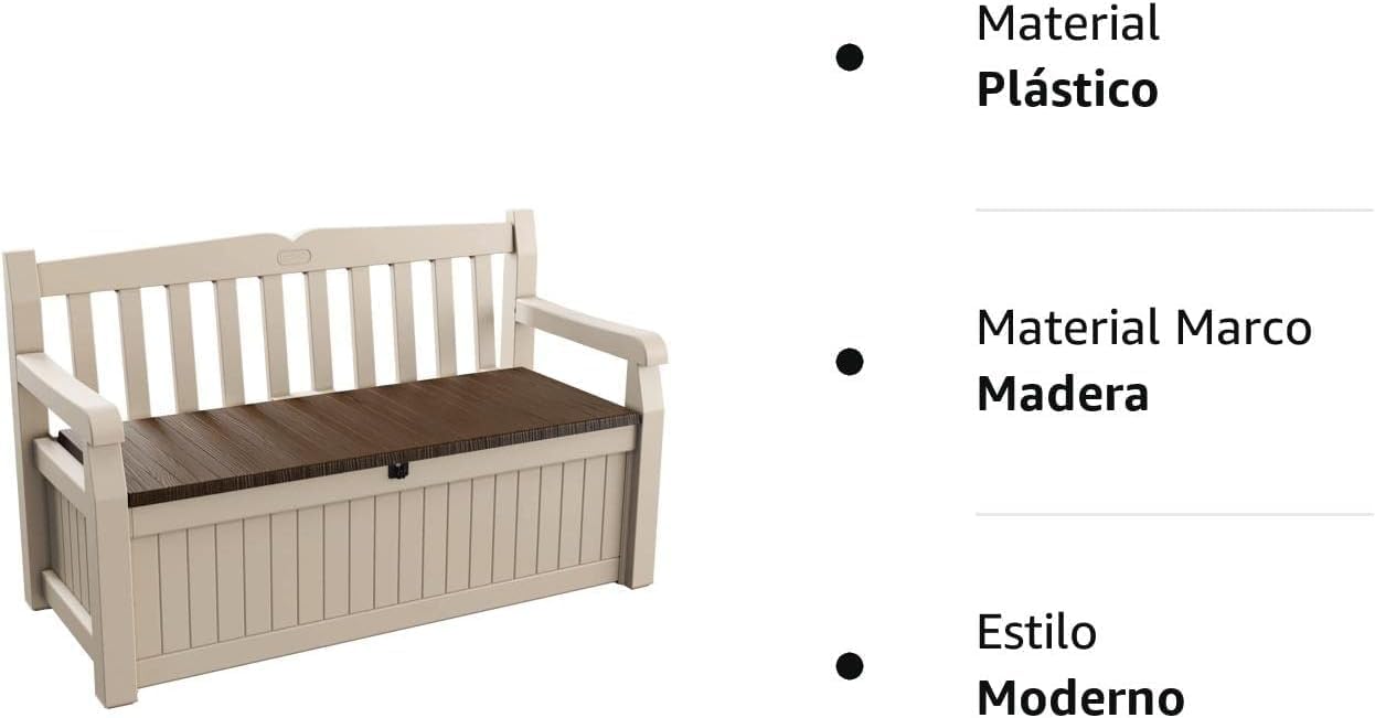 2026 Keter Eden - Banco arcón Exterior, Baúl almacenaje, Capacidad 265L, Resina, Color Beige, 140 x 60 x 84 cm