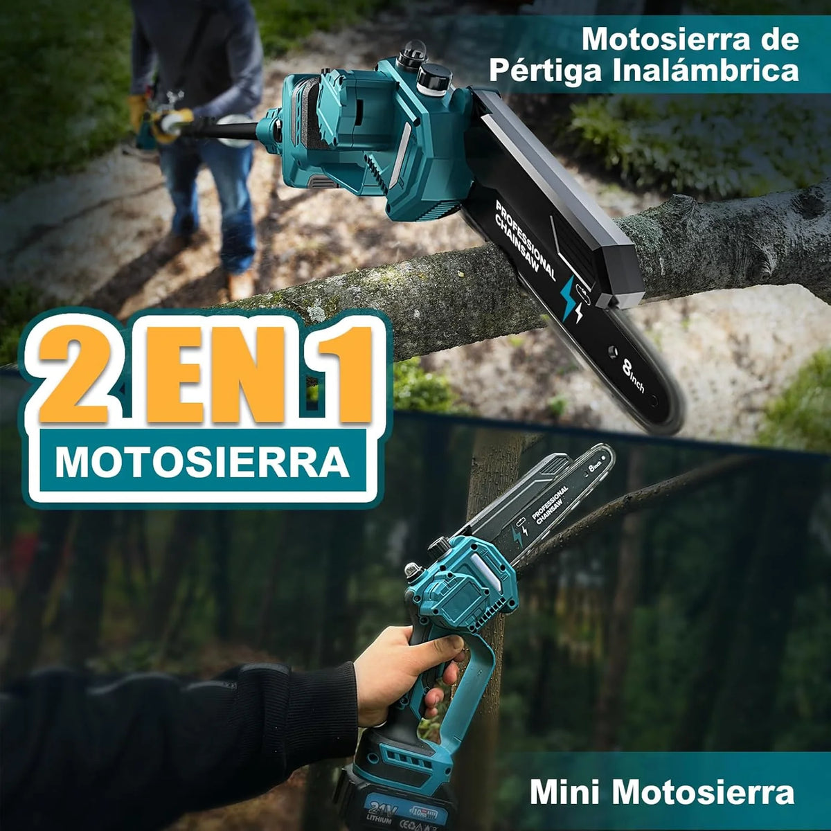2-in-1 8 Zoll Akku-Mini-Kettensäge und Hochentaster mit 2x 4000mAh Akkus, bürstenlose Kettensäge mit Teleskopstange für den Außenbereich, ausziehbar bis 4M
