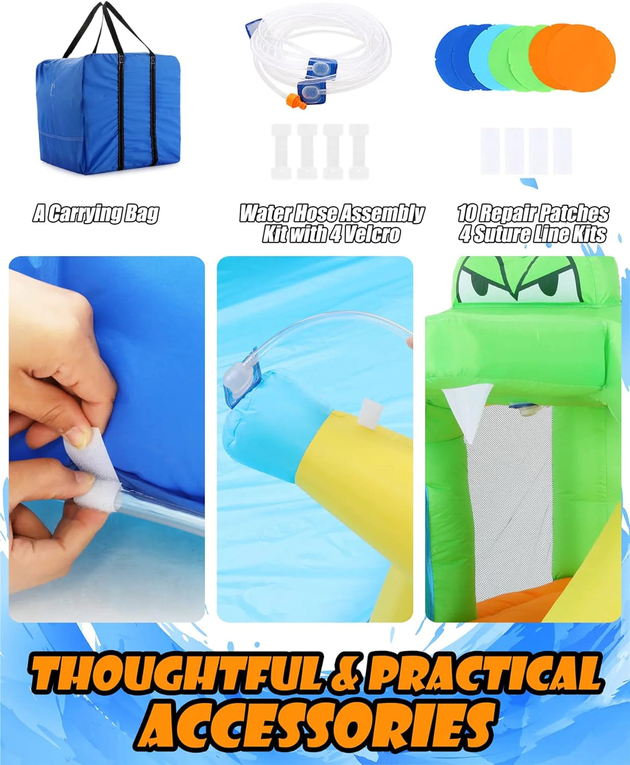 Tobogán acuático inflable 8-en-1 para niños: castillo inflable parque acuático con soplador de 450W, muro de escalada, piscina, 2 pistolas de agua, canasta de baloncesto, tobogán, rociador de cocodrilo – perfecto como regalo y para fiestas en el jard