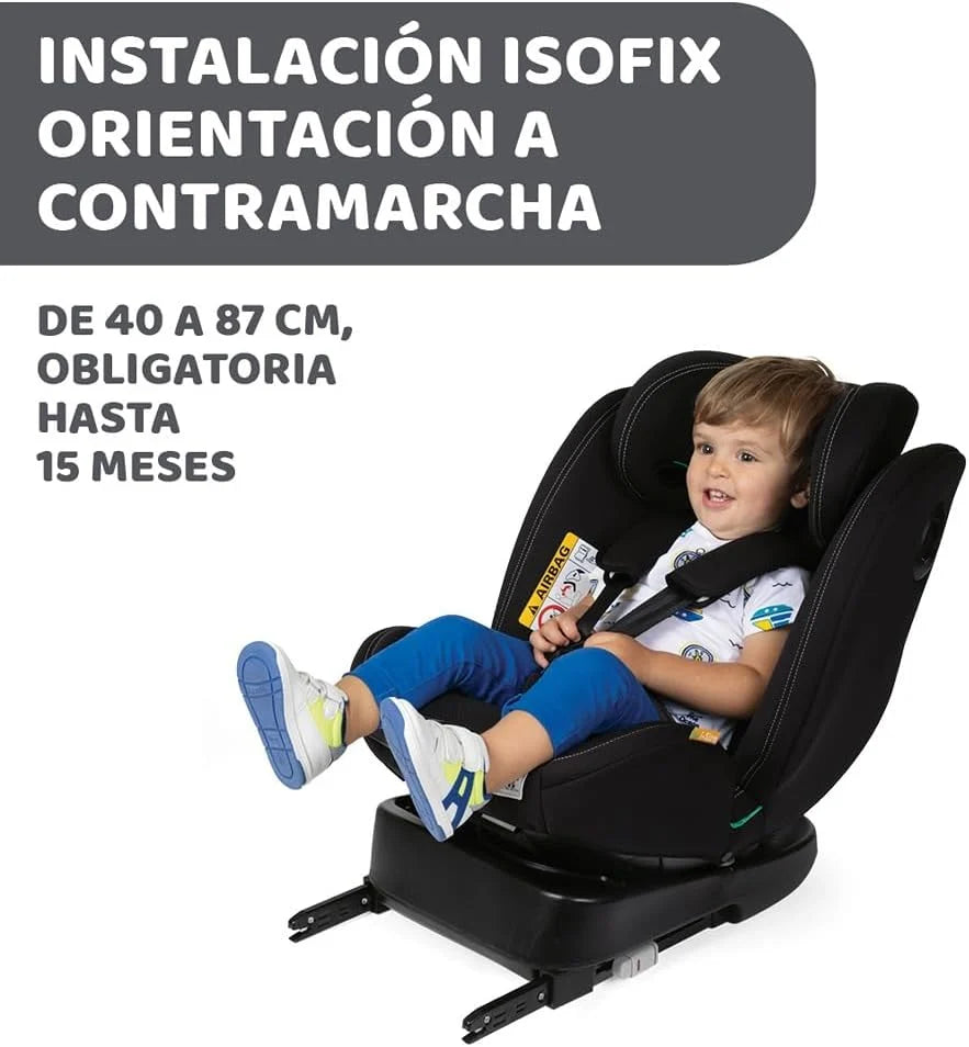 Chicco Unico EVO I'Size Classic, Silla de Coche ISOFIX para Bebés y Niños de 40 a 150 cm, Grupo 0123 Desde Recién Nacido hasta 12 Años, Giratoria 360º, Reductor, Ajustable y Protección Lateral, Negra